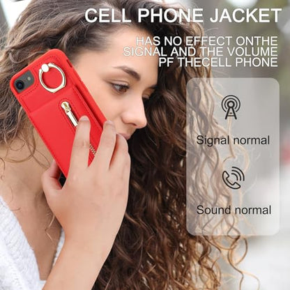 Crossbody Wallet Case for iPhone 7/8/SE 2020/SE 2022 with Lanyard Strap Card Slot Holder RFID Blocking Kickstand,Magnetic Flip Folio Zipper Purse Case, PU Leather Cover Handbag,Red - color: Red, size: iPhone 7/8/SE 2020/SE 2022(4.7")