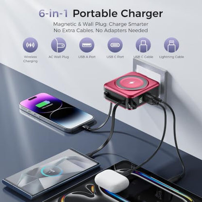 10000mAh Portable Charger Power Bank Built in Cables&Wall Plug - color: Red