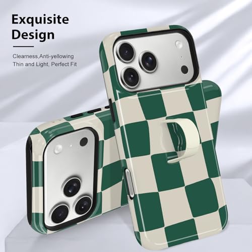 KANGHAR Compatible with iPhone 17 Pro Case Checkered -Green White | Silicone Cute Pattern, Finger Hold Wristband Kickstand Camera Protection Soft Slim Phone Case for Girls Women - color: (Checkered)Green White, size: iPhone 17 Pro