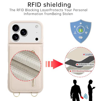 Crossbody Wallet Case for iPhone 17 Pro with Lanyard Strap Card Slot Holder RFID Blocking Kickstand,Magnetic Flip Folio Zipper Purse Case, PU Leather Cover Handbag,Beige - color: Beige, size: iPhone 17 Pro(6.3")