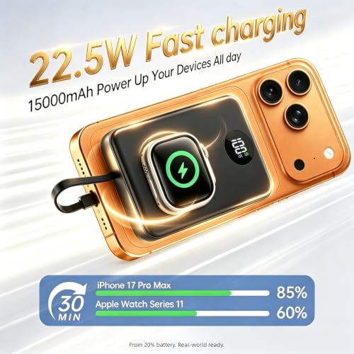 Mini 15000mAh Portable Charger Power Bank for Apple Watch Charger, PD 22.5W