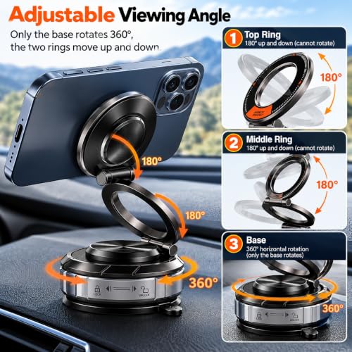 Vacuum Magnetic Car Phone Mount, Zinc Alloy Folding Suction Cup Holder with Sticky Gel Base for Dashboard & Windshield, Compatible with MagSafe iPhone, Samsung and Android Phones