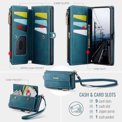 Wallet Case for iPhone SE 2022/2020, 8, 7, 6 – RFID Blocking PU Leather Phone Case with Card Holder, Zipper Pocket, Kickstand, Magnetic Closure, Shoulder & Wrist Strap, Blue Green - color: Blue Green, size: iPhone 6/7/8/SE (2nd)/SE (3rd)