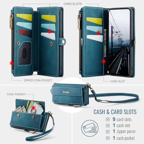 Wallet Case for iPhone 11 – RFID Blocking PU Leather Phone Case with Card Holder, Zipper Pocket, Kickstand, Magnetic Closure, Shoulder & Wrist Strap, Blue Green - color: Blue Green, size: iPhone 11