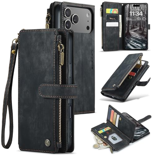 Compatible with iPhone 17 Pro Wallet Case with Card Holder Kickstand Magnetic Zipper Pocket Lanyard Strap Wristlet,Leather Flip Case Wallet for iPhone 17 Pro 6.3 Inch (Black) - color: Black, size: iPhone 17 Pro 6.3 Inch