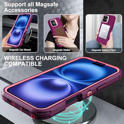 YKHJKLEC for iPhone 16 Case, Military Grade 3 in 1 Heavy Duty Shockproof/Drop Proof/Dust Proof with Kickstand Case, with 2 x Tempered Glass Screen Protector & 1 x Wrist Strap (ZJ-Purple/Pink) - color: ZJ-Purple/Pink