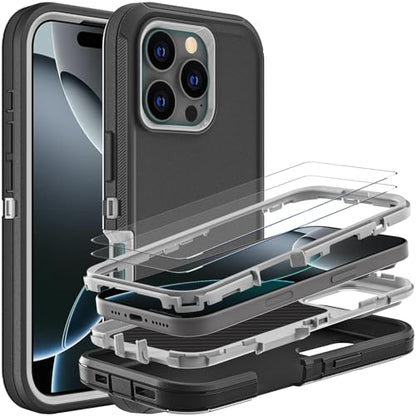 YKHJKLEC for iPhone 16 Pro Case, Military Grade 3 in 1 Heavy Duty Shockproof/Drop Proof/Dust Proof Case with 2Pcs Tempered Glass Screen Protector (Black/Grey) - color: Black/Grey