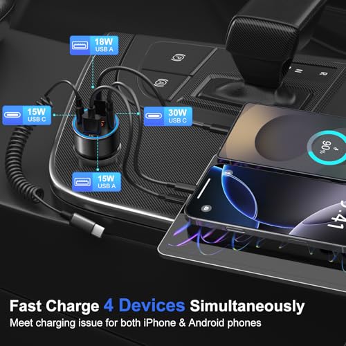 Car Charger USB C, 65W 4-Port Dual 12V USB-C & USB-A Car Phone Charger - color: Black, size: 2 Pack