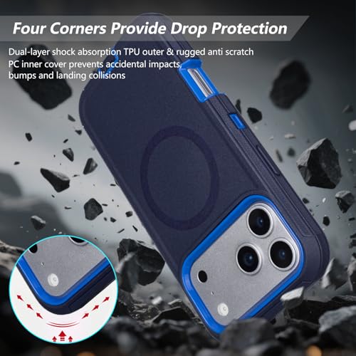 Magnetic for iPhone 17 Pro Max Case with Clip & 360°Rotating Kickstand | Compatible with MagSafe, Anti-Drop Shockproof Heavy Duty Outdoors Case for iphone 17 Pro Max Men Women, Navy Blue 6.9 Inch - color: Navy+Blue
