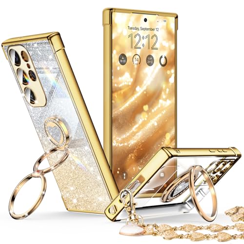 XYZ for Samsung Galaxy S24 Ultra Case with Stand, Galaxy S24 Ultra Case with Double Ring, Women Girls Bling Luxury Glitter Clear Phone Case Cover Heart for Samsung Galaxy S24 Ultra, Gold - color: Clear Glitter Gold, size: Galaxy S24 Ultra
