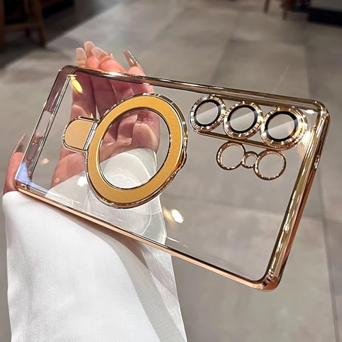 LXK Magnetic for Samsung Galaxy S26 Ultra Case with Stand Clear, Gold | [Fit for MagSafe] [Full Camera Protection] Titanium Alloy Sturdy Stand, 15FT Military Protection for Galaxy S26 Ultra Case - color: Gold