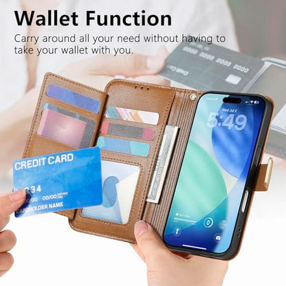 for iPhone 17 Phone Case Wallet, Brown | Built-in Card Holder (8-10 Cards), Zipper Pocket, Wrist Strap, Stand Kickstand, Flower PU Leather Protective Phone Case Women - color: Brown, size: iPhone 17