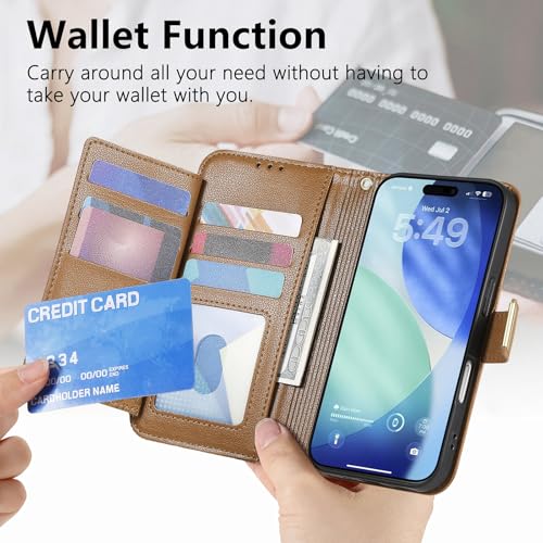 for iPhone 17 Pro Phone Case Wallet, Brown | Built-in Card Holder (8-10 Cards), Zipper Pocket, Wrist Strap, Stand Kickstand, Flower PU Leather Protective Phone Case Women - color: Brown, size: iPhone 17 Pro