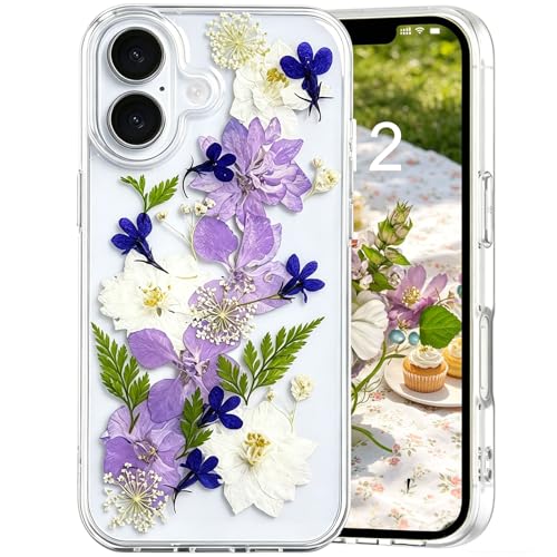 Abbery for iPhone 17 Case Clear with Pressed Dry Real Flower Design Cute Soft TPU Aesthetic Slim Fit Shockproof Protective Women Girl's White Purple Blue Floral Phone Case for iPhone 17 - color: Navy Flower, size: for iPhone 17