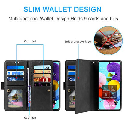 EYZUTAK Wallet Phone Case for Samsung Galaxy A13 5G/4G/A04S, Retro Matte 9 Card Holder Slots Zipper Pocket Case PU Leather Magnetic Closure Kickstand Wrist Strap Shockproof Folio Flip Cover- Black - color: Black, size: Samsung Galaxy A13/A04S
