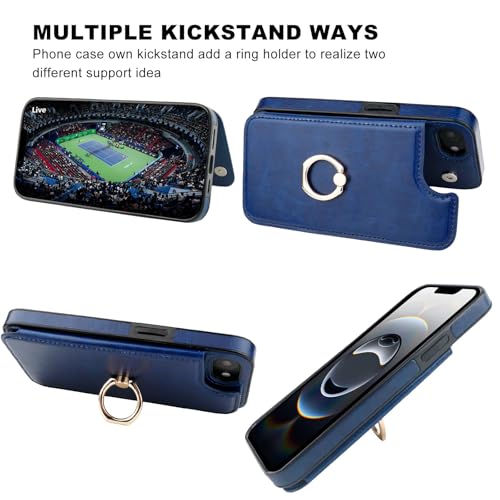 ONETOP for iPhone 17e/16e Wallet Case with Credit Card Holder,Blue | 360° Rotation Ring Kickstand,Finger Grip,Double Magnetic Clasp,RFID Blocking PU Leather Shockproof Cover for Women Men - color: Blue