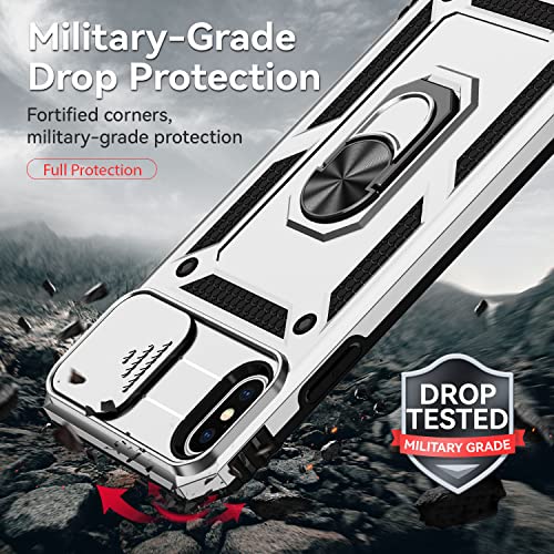 for iPhone XS Max Case with Camera Lens Cover HD Screen Protector, Dual Layer Military Grade Drop Protection Magnetic Ring Holder Kickstand Protective Phone Case for iPhone XS Max 6.5 inch (Silver) - color: Silver with camera cover Military-Grade 2nd gen