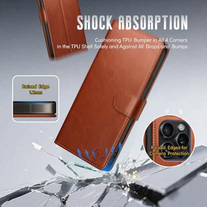 Wallet Case for iPhone 15 Pro 6.1", Light Brown | RFID-Blocking Card Holder, Kickstand, Magnetic Closure, PU Leather Folio Flip Cover, Protective Women Men Cases - color: Light Brown, size: iPhone 15 Pro