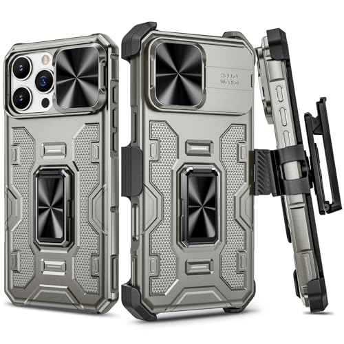 VEGO for iPhone 16 Pro Max Case with Belt Clip Holster and Kickstand | Slide Camera Lens Protector & Ring Kickstand Military Grade Heavy Duty Protection Cover for iPhone 16 ProMax - Titanium - color: Titanium