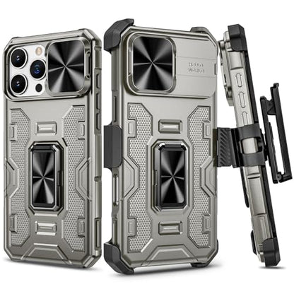 VEGO for iPhone 16 Pro Max Case with Belt Clip Holster and Kickstand | Slide Camera Lens Protector & Ring Kickstand Military Grade Heavy Duty Protection Cover for iPhone 16 ProMax - Titanium - color: Titanium