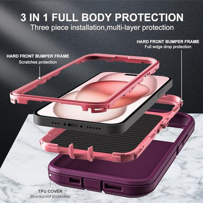 YKHJKLEC for iPhone 15 Case, Compatible with Magsafe, Military Grade 3 in 1 Heavy Duty Shockproof/Drop Proof/Dust Proof Case with 2Pcs Tempered Glass Screen Protector (New-Purple/Pink) - color: New-Purple/Pink
