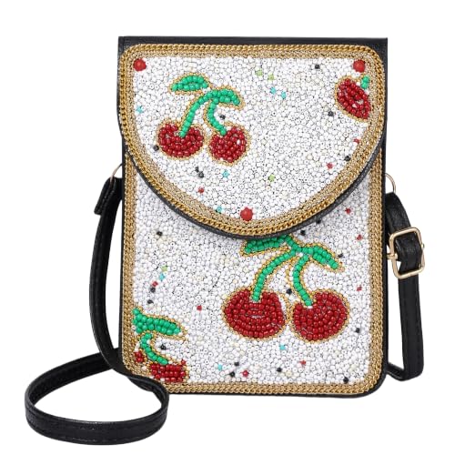 Small Crossbody Bags for Women, Cell Phone Shoulder Bag Boho Wallet Purse - color: Cherry White