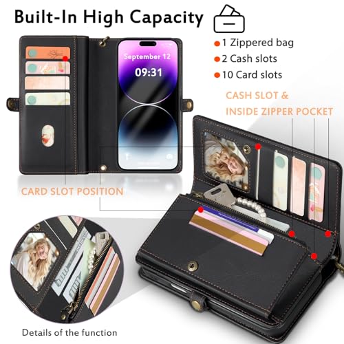 for Wallet Case Compatible with iPhone 14 Pro Max,Multi-Function Detachable 2 in 1 Magnetic iPhone 14 Pro Max Case Wallet,Flip Strap Zipper Card Holder Phone Case with Shoulder Straps (Black) - color: Black, size: iPhone 14 pro max