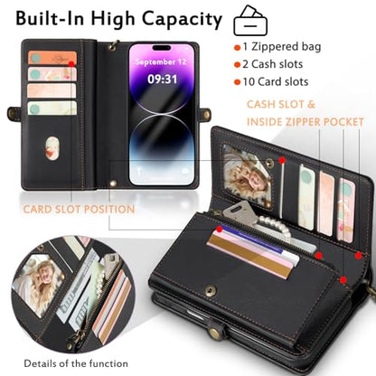 for Wallet Case Compatible with iPhone 14 Pro Max,Multi-Function Detachable 2 in 1 Magnetic iPhone 14 Pro Max Case Wallet,Flip Strap Zipper Card Holder Phone Case with Shoulder Straps (Black) - color: Black, size: iPhone 14 pro max