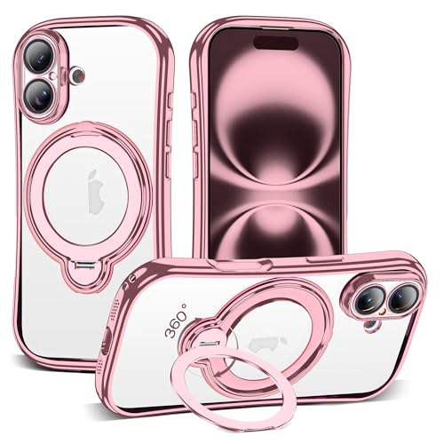 Clear Phone Case for iPhone 16 6.1", Pink | Mag-safe Case with 360° Rotatable Magnetic Ring Stand Full Camera Lens Protector Plating Protective Case - color: Pink, size: Iphone 16
