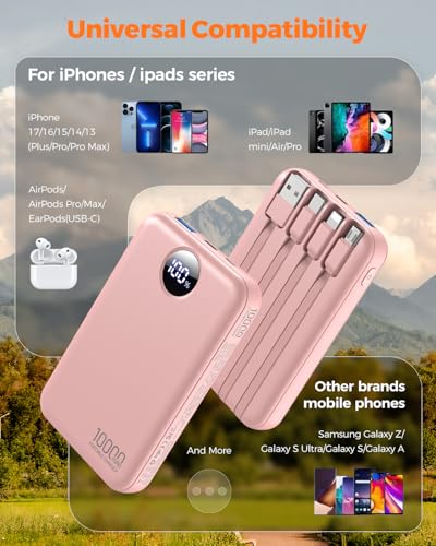 Portable Charger 10000mAh with 4 Built-in Cables 40% Smaller - color: Pink