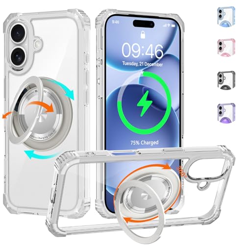 Clear Case for iPhone 17 with Stand [ Compatible with MagSafe ] | Military Grade Heavy Duty Cover with 360 Rotatable Ring Kickstand -260417 - color: Clear, size: iPhone 17