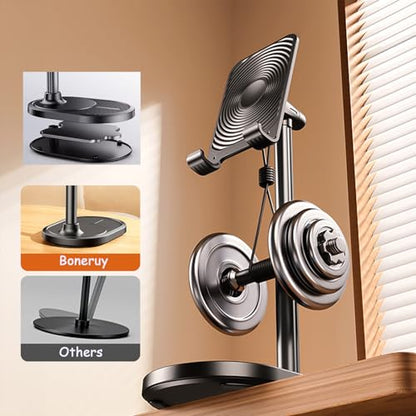 Phone Stand for Desk, Height Adjustable Desktop Phone Holder, 270°Angle Adjustable Tablet Stand with Weighted Base and Aluminum Alloy Support Rod for Phone and Tablet 4"-11" - color: Black
