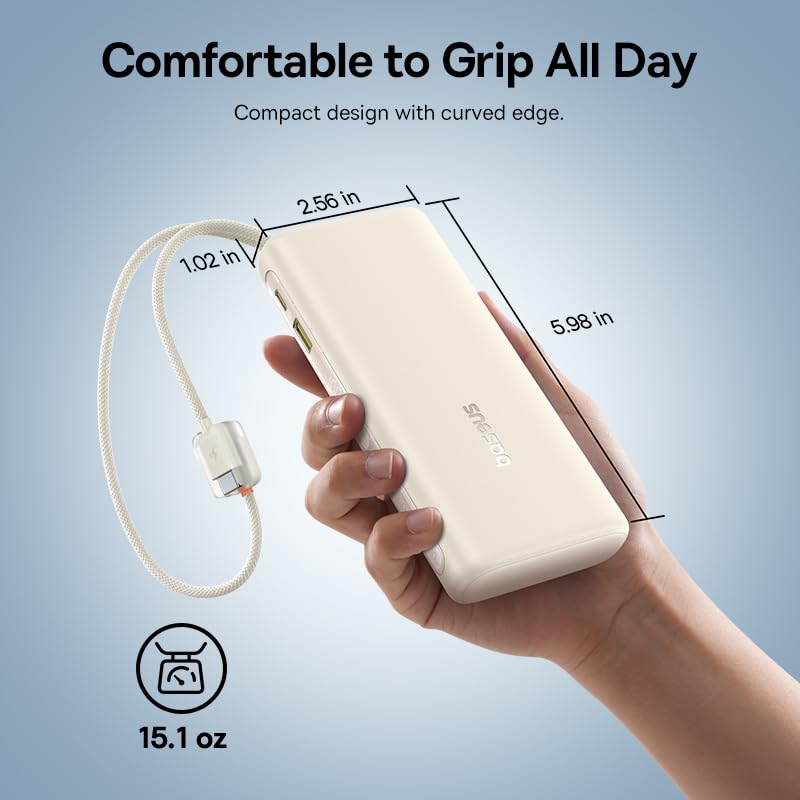 Baseus Portable Charger with Built in Cable, 100W Laptop Power Bank 20000mAh, Travel Essential Fast Charging USB C Battery Pack for MacBook, iPhone 18/17/16 Series, Samsung Galaxy S25/24, TSA-Approved - color: White