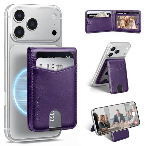RFID Blocking MagSafe Wallet Stand with Card Holder,5 Card Slots & ID Window,PU Leather Magnetic Phone Adjustable Kickstand for iPhone 12/13/14/15/16/17 Pro Max & Air Plus Series,Purple - color: Purple, style: Stand Wallet