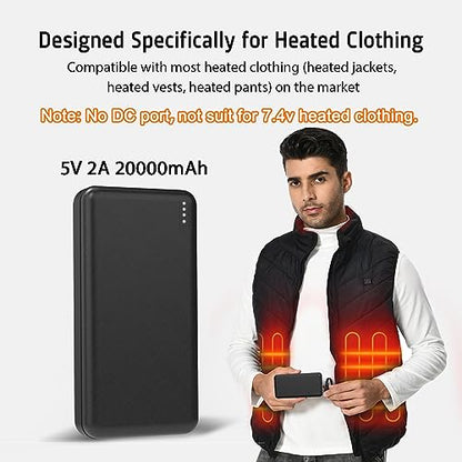Whsahans 5V 2A 20000mah Heated Vest Heated Jacket Battery Pack Power Bank Rechargeable Battery for for Heated Vests Heated Jackets Heated Hoodies for Men Women(No DC Port, Not Suit for 7.4v)