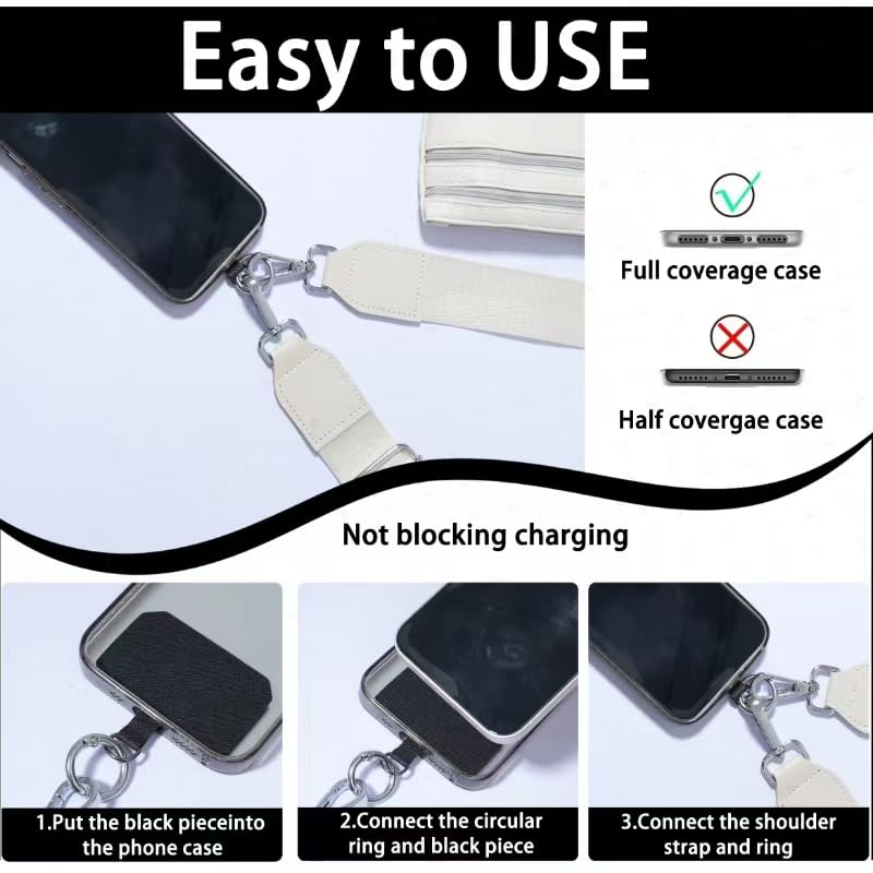 Clip and Go Phone Strap with Zippered Pouch,Phone Strap with Cellphone Chain Accessories - color: Off-white
