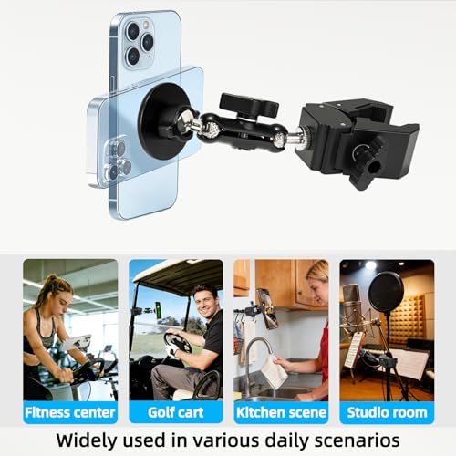 Magnetic Mic Stand Phone Holder Mount, 360° Angle Adjustment for Gym/Microphone Stand/Shopping Cart/Stroller/Handlebar,Compatible with iPhone 17/16/15/14/13/12 Series