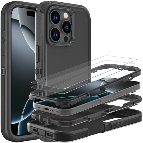 YKHJKLEC for iPhone 16 Pro Case, Military Grade 3 in 1 Heavy Duty Shockproof/Drop Proof/Dust Proof Case with 2Pcs Tempered Glass Screen Protector (Black/Black) - color: Black/Black
