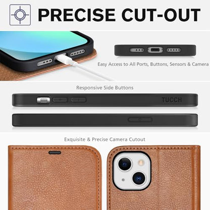 TUCCH Wallet Case for iPhone 13 (6.1") 2021, 3 Card Slots, Light Brown | RFID Blocking, Viewing Stand, Shockproof TPU Shell, PU Leather, Magnetic Closure, Protective Folio Flip Cover - color: Brown - Textured