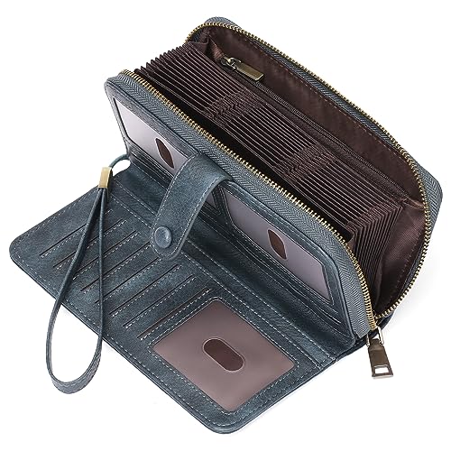 GAEKEAO Leather Credit Card Holder Wallet for Women RFID Blocking Large Capacity Bifold Zipper Card Case Organizer with Wristlet 45 Slots - color: Blue