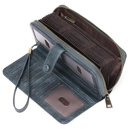 GAEKEAO Leather Credit Card Holder Wallet for Women RFID Blocking Large Capacity Bifold Zipper Card Case Organizer with Wristlet 45 Slots - color: Blue