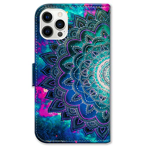 Bcov Case for iPhone 14 Pro, Mandala Flower Space Leather Flip Phone Case Wallet Cover with Card Slot Holder Kickstand for iPhone 14 Pro - color: Mandala Flower Space