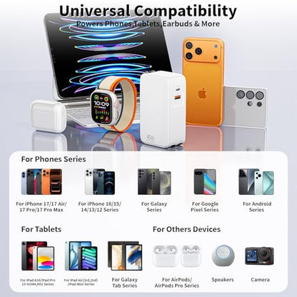 Retractable iPhone Charger,45W 4 in 1 Retractable Phone Charger Wall Plug with USB C and Lightning Cable Fast Charging Block with Dual Port(USB C+USB A) for iPhone 17/Air/16/15/14/13,iPad,Galaxy S26