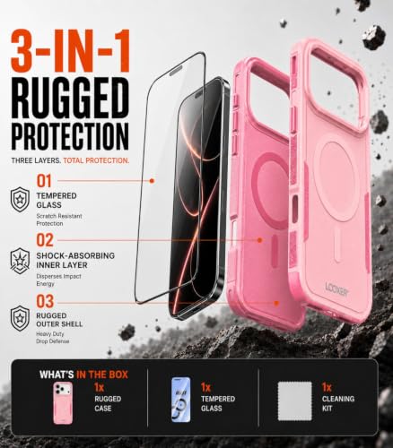 LOOXER® Heavy Duty Rugged Magnetic Case for iPhone 17 Pro (6.3”) | Military Grade Shockproof Protection,MagSafe Compatible+ Tempered Glass Included (Pink,17 Pro) - color: Pink, size: 17 Pro
