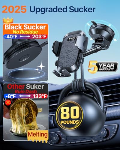 YRU【True Military-Grade Safety & Patent Certs】360°Rotation Car Phone Holder【100+LBS Strong Suction & Clip】Windshield Dash Vent Cell Phone Mount Cradle for iPhone17 16 Pro Max Truck Samsung,Matte Black - color: Matte Black