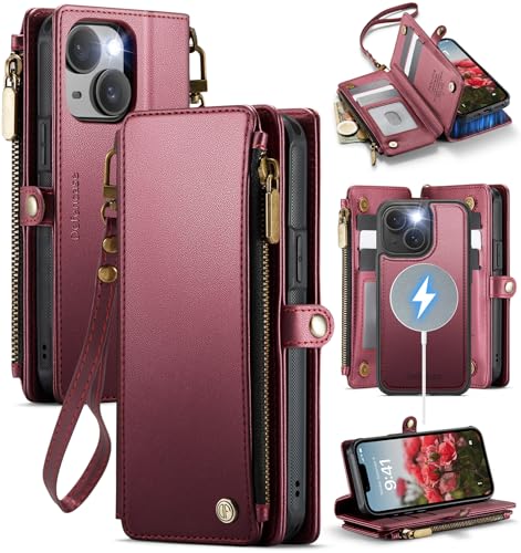 Defencase for iPhone 14 Plus Case Wallet Compatible with Magsafe, Wine Red | Drop-Proof Magnetic Detachable Phone Cases Cover, with RFID Bolcking Card Holder, Zipper Strap, PU Leather, Removable Wallet - color: (Detachable with Magsafe)-Wine Red