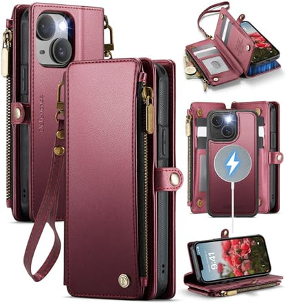 Defencase for iPhone 13 Phone Case Wallet Compatible with Magsafe, Wine Red | Magnetic Detachable, Drop-Proof Protective Wallet Cases Cover, with RFID Bolcking Card Holder, Zipper Strap, Soft PU Leather - color: (Detachable with Magsafe)-Wine Red