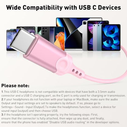 USB C Headphones Magnetic Wired Earbuds with Mic for Apple/Samsung Android - color: Pink