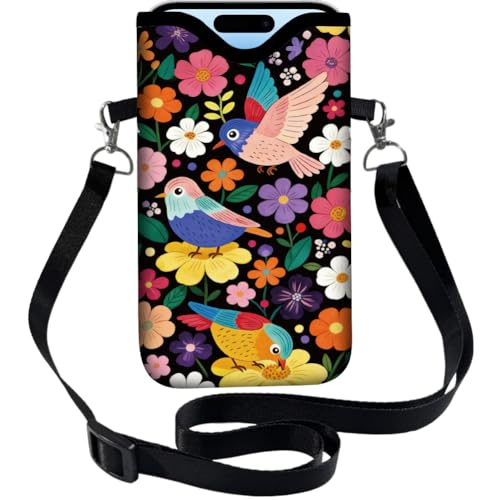 Floral Phone Pouch Phone Crossbody Sleeve Birds Colorful Nylon Neoprene Waterproof Cellphone Bag Case with Strap Neck Lanyard Protective Carrying Cover Fits Most Smartphones 7.1 x 3.9 Inch - color: Bird