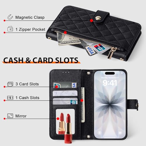 Wallet Phone Case Crafted for iPhone 17 Black | Women Wallet Flip Case Cover Wrist Strap Zipper Credit Card Holder Slots PU Leather - color: Black, size: iPhone 17